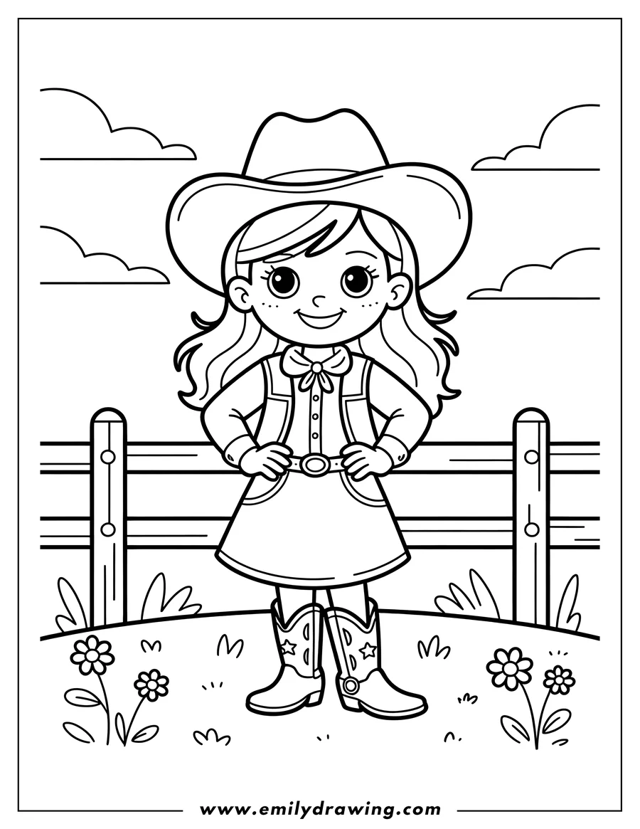 Line art of a young cowgirl wearing a cowboy hat, vest, skirt, and cowboy boots, standing in front of a wooden fence with clouds and flowers.
