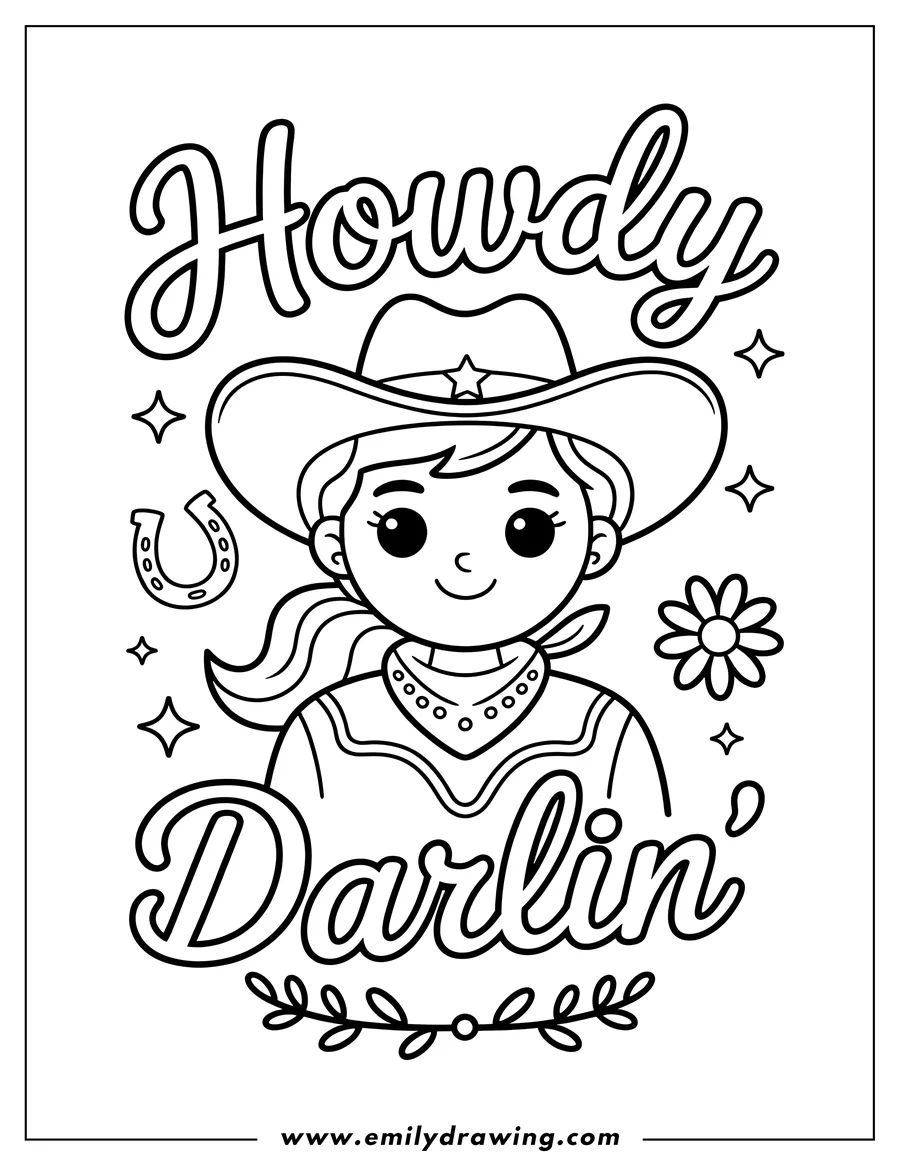 Line art of a smiling cartoon cowgirl wearing a cowboy hat with a star, surrounded by the text 'Howdy Darlin'', a horseshoe, and a flower.