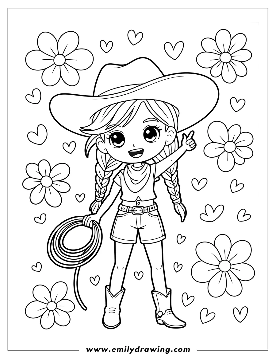 Line art of a cute chibi-style cowgirl wearing a large hat, shorts, and cowboy boots, holding a lasso, surrounded by outline flowers and hearts.