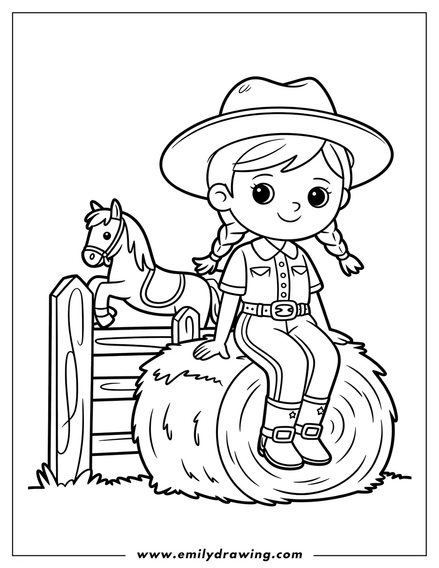 Line art of a cartoon cowgirl with pigtails and a hat, sitting on a hay bale next to a fence with a toy horse jumping over it.