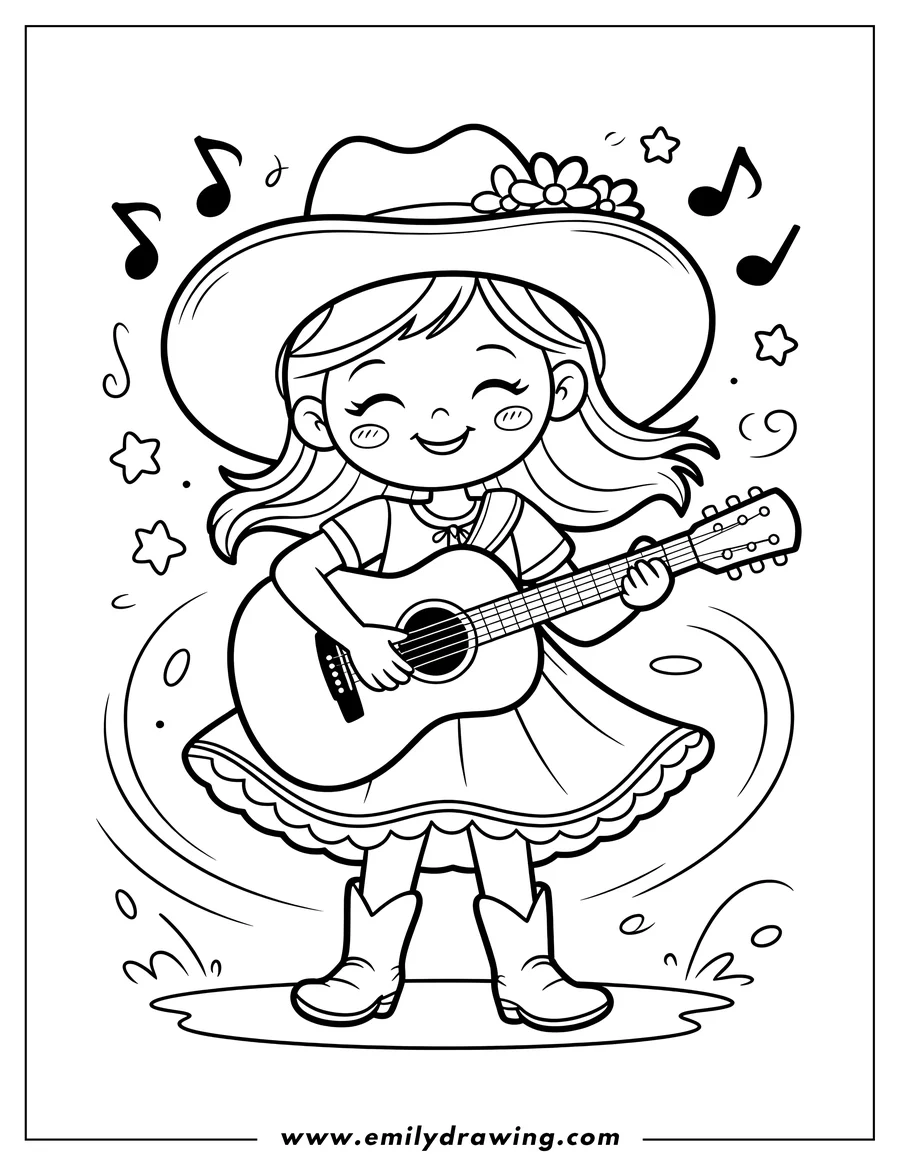 Line art of a smiling cowgirl wearing a large hat and cowboy boots, strumming an acoustic guitar with musical notes and stars floating around her.