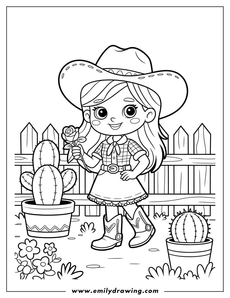 Line art of a smiling cowgirl wearing a hat and boots, holding a rose, standing in front of a wooden fence with potted cacti.