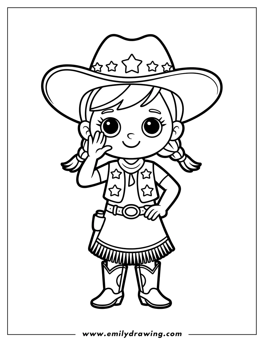 Line art of a young cowgirl character with pigtails, wearing a star-decorated cowboy hat, vest, skirt with fringe, and boots, waving with one hand.