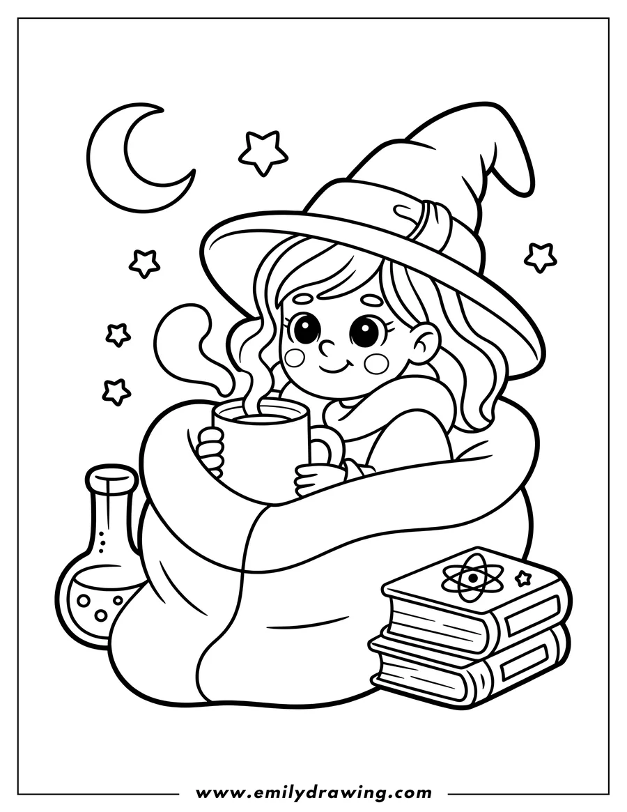 Outline of a young witch wearing a large hat, sitting wrapped in a blanket and holding a steaming mug. Beside her are a beaker of potion and a stack of magic books, set against a crescent moon and stars background.