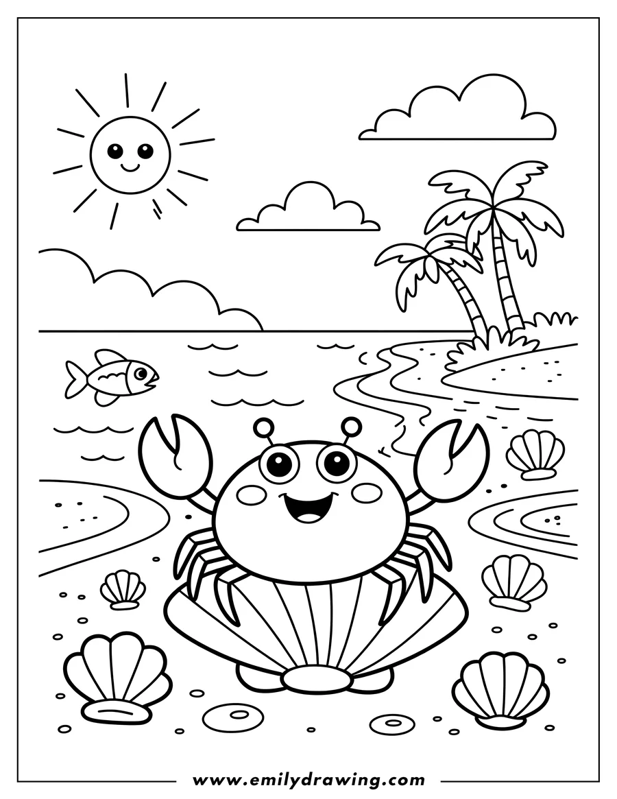 Outline of a cheerful crab sitting in a large seashell on a sunny beach, with palm trees, the ocean, and a smiling sun.