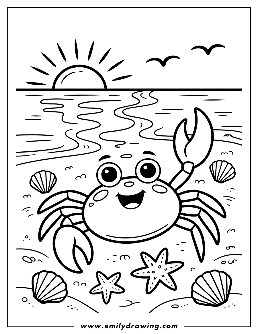 Outline of a cute cartoon crab smiling and waving on a sandy beach. The scene includes starfish, seashells, and the sun setting over the ocean.