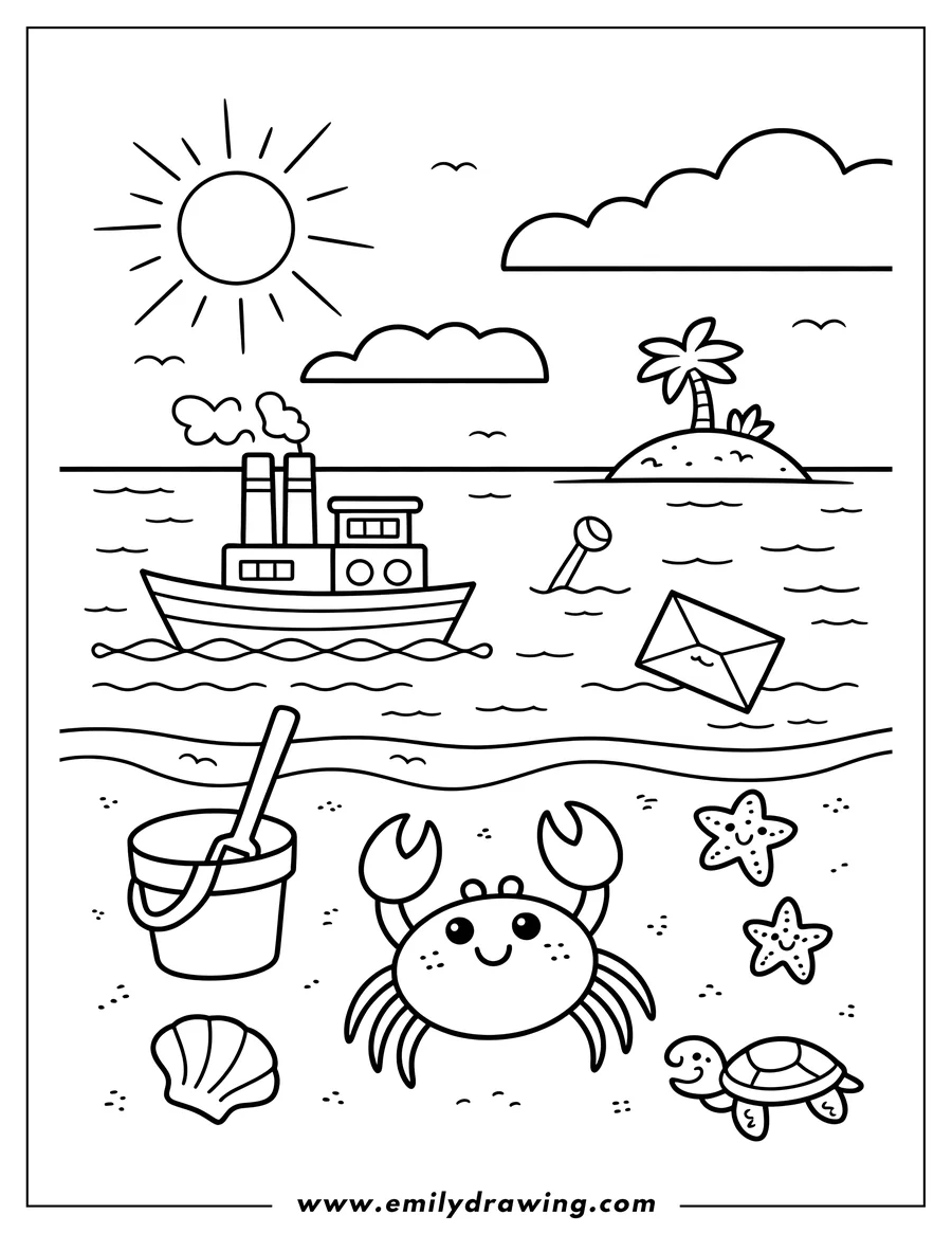 Line art of a detailed seaside scene featuring a smiling crab on the sand, a bucket, a sea turtle, and starfish. In the ocean, a steamboat sails past a small island under a bright sun.