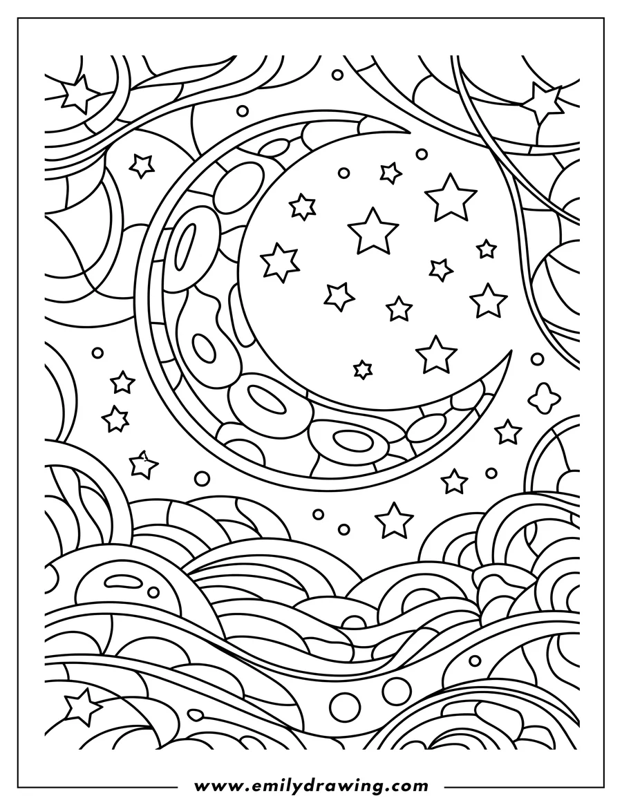 Outline of a crescent moon surrounded by stars, with a decorative swirling pattern in the background.