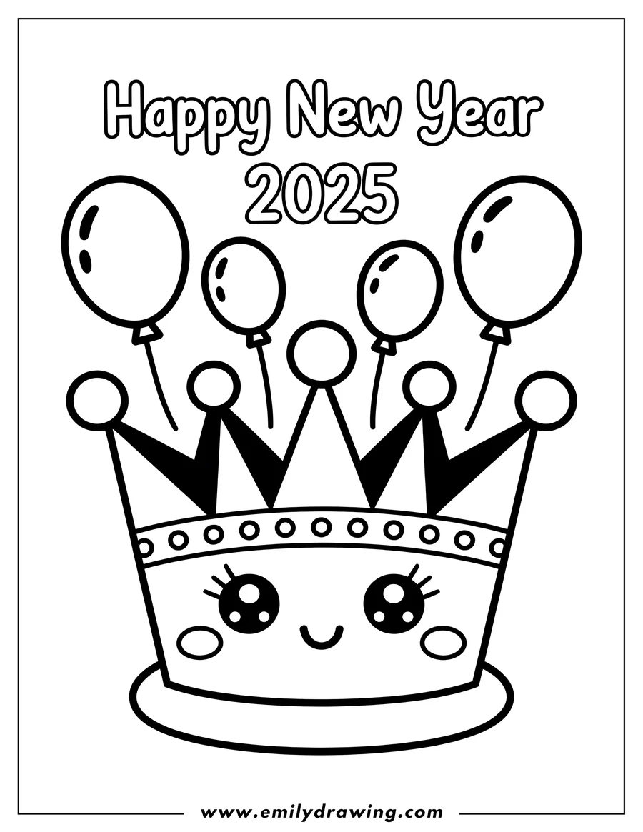Line art of a cartoon crown with a happy face, decorated with circles and topped with five balloons, with 'Happy New Year 2025' text above