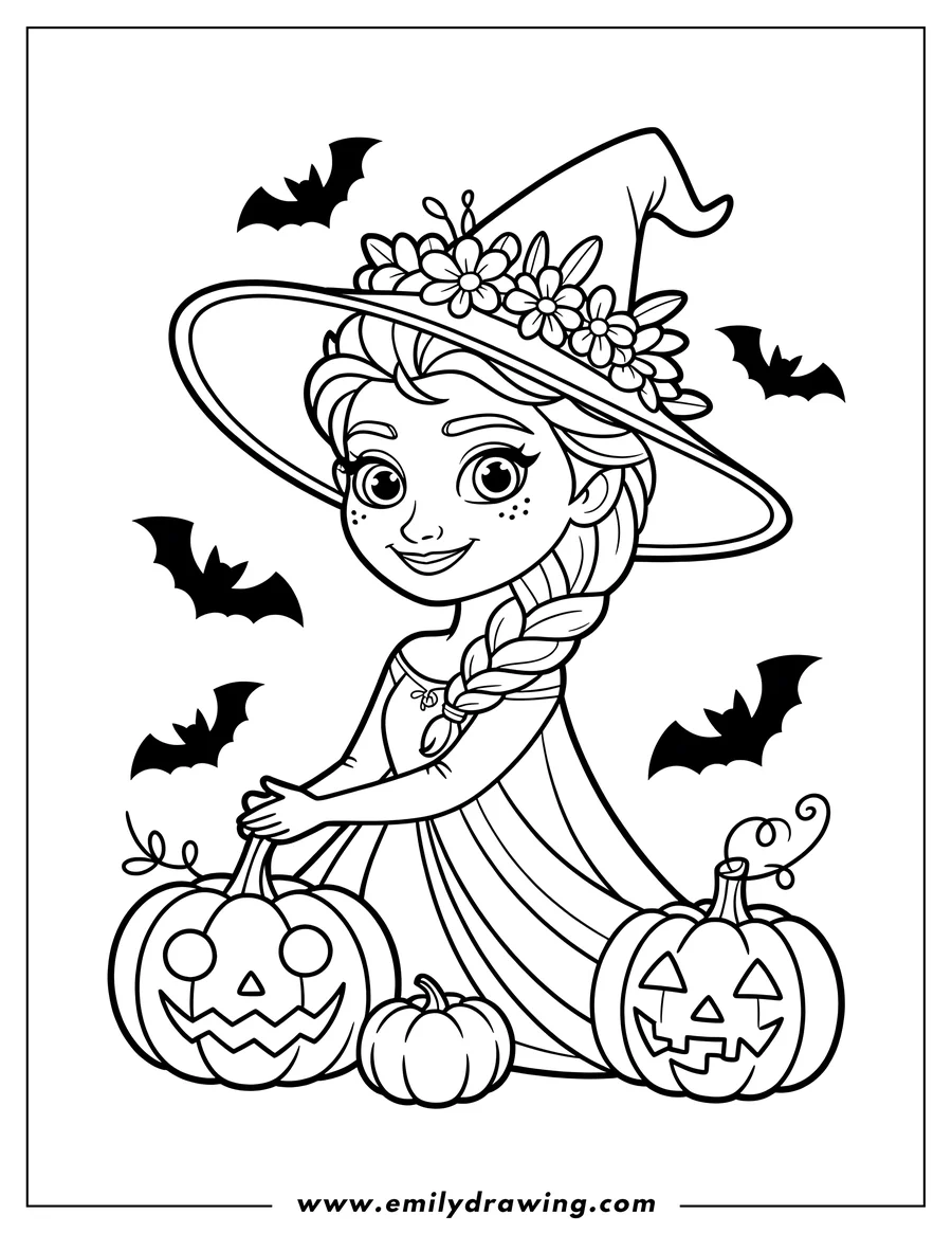 Line art of a cartoon girl dressed as a cute witch in a long dress and wide-brimmed hat decorated with flowers, standing among two carved jack-o'-lanterns and one small pumpkin, with several bats flying nearby.