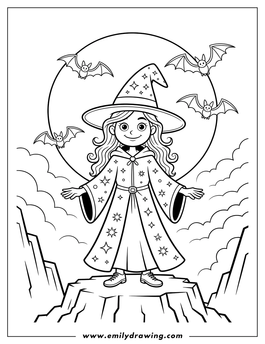 Line art of a cheerful young witch wearing a pointed hat and a robe covered in stars, standing dramatically on a rocky cliff. Three cartoon bats fly in front of a large full moon outline.