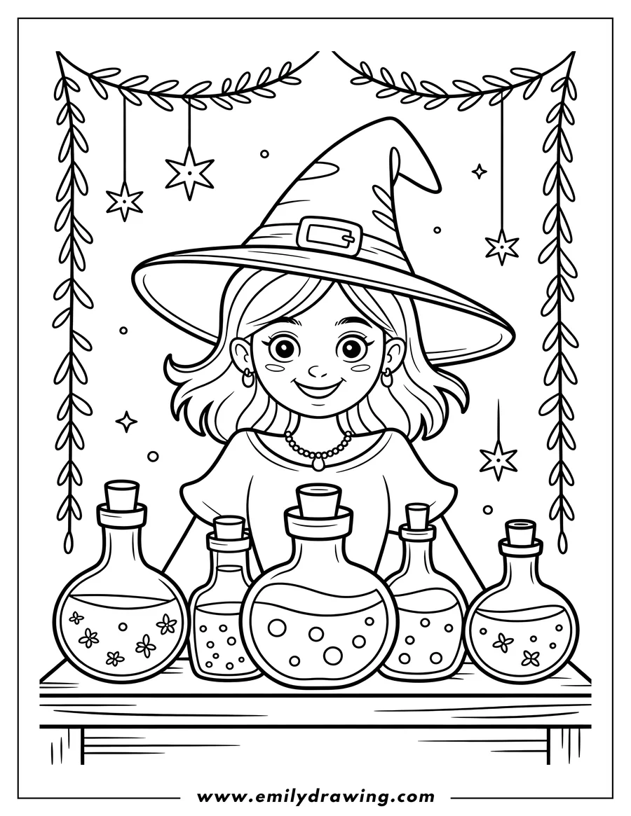 Line art of a smiling cartoon witch wearing a large hat, standing behind a table displaying five corked potion bottles filled with various magical ingredients.