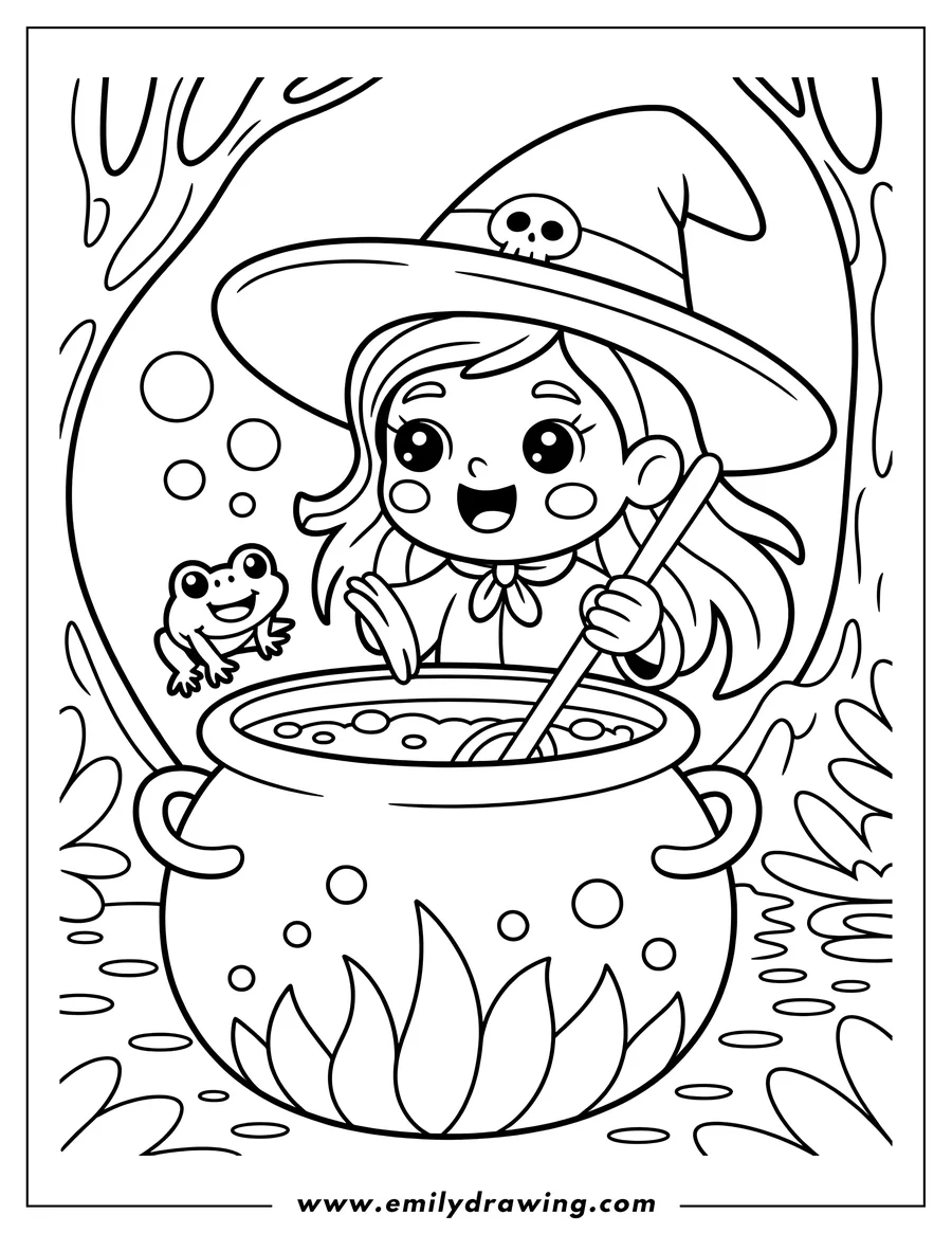 Outline of a cute cartoon witch stirring a large, bubbling cauldron over flames. A friendly, smiling frog sits on the rim of the cauldron.