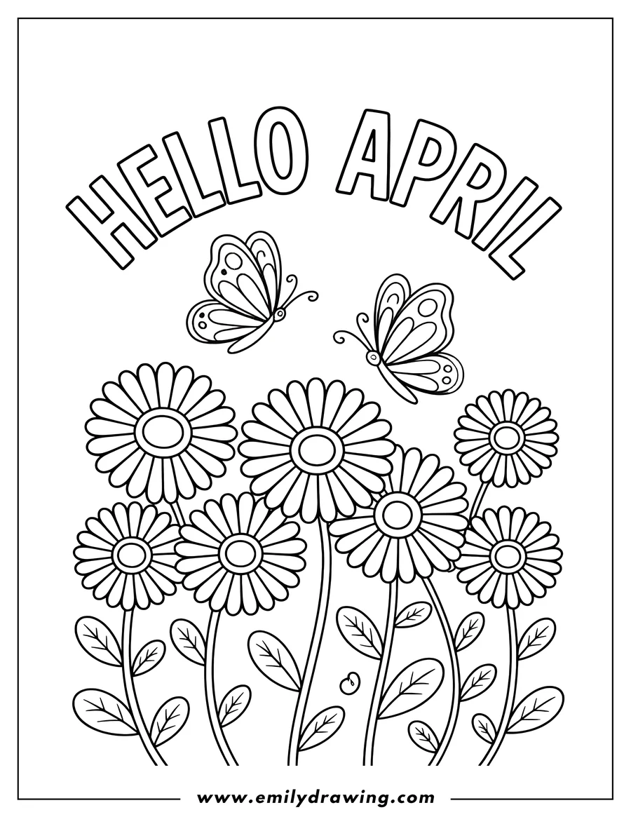 Outline of two butterflies fluttering above a group of daisies. The words 'Hello April' curve above the scene.