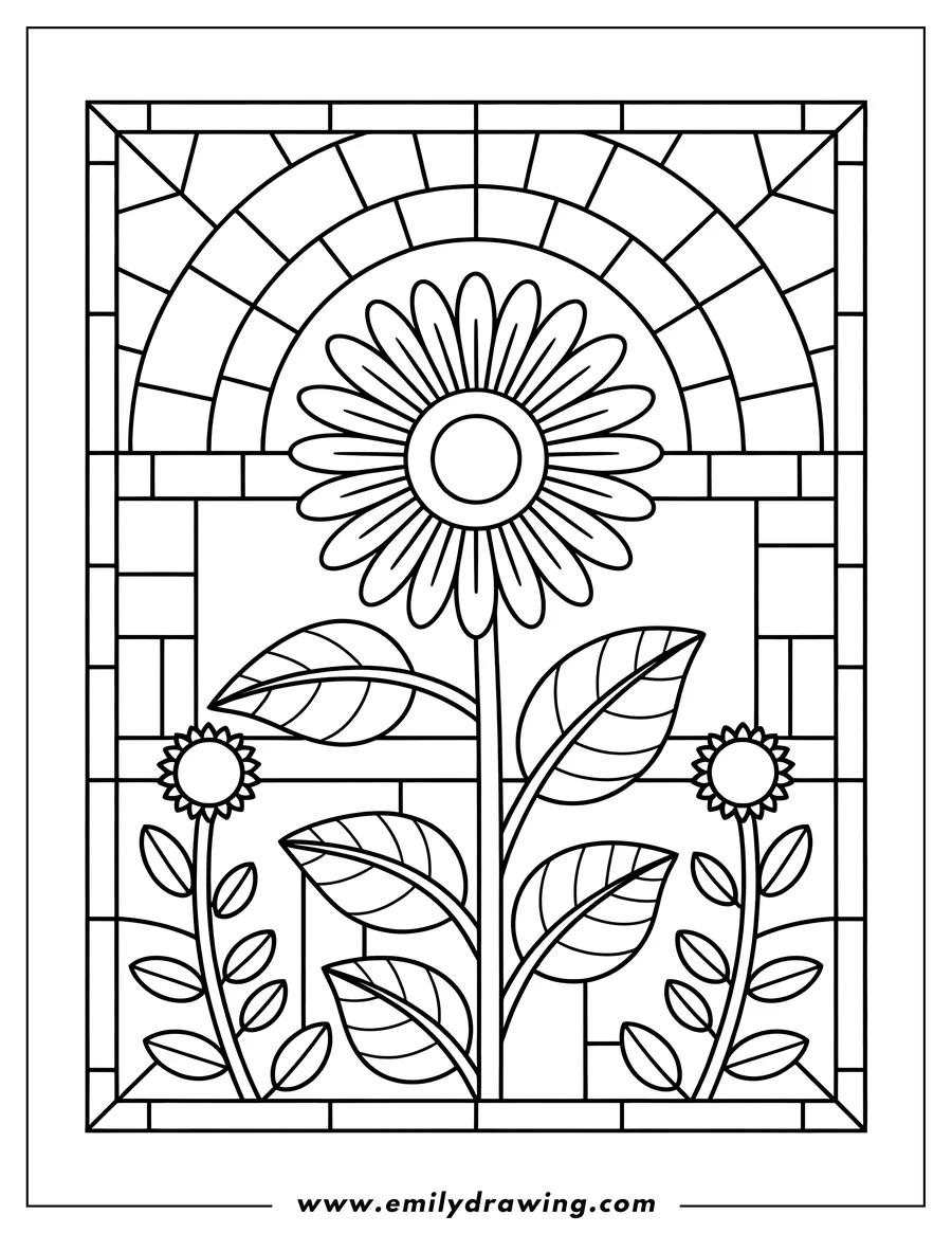 Line art of three daisies in a stained glass window. The largest flower is in the center and two small flowers flank either side. Arched and rectangular panels create the window frame.