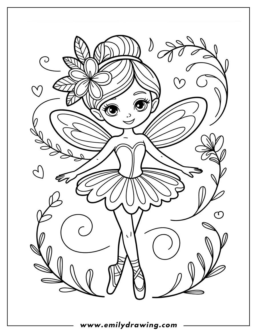 Outline of a dancing fairy with a flower in her hair. She's wearing a tutu and ballet shoes.