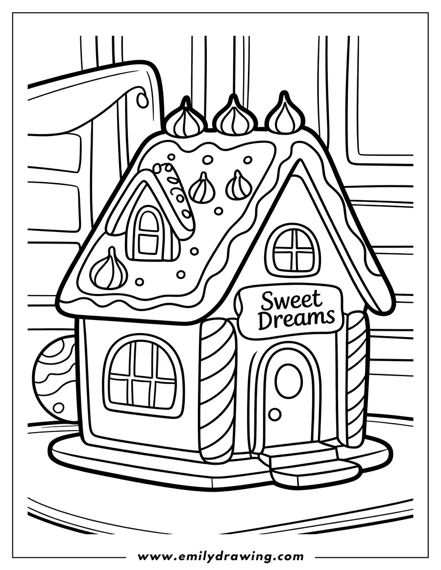 Line art of a decorated gingerbread house with candy swirls on the roof, candy cane pillars, and a 'Sweet Dreams' sign.