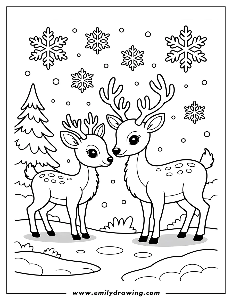 Outline of a mother deer and a fawn standing together in a snowy landscape with snowflakes falling and a pine tree in the background.