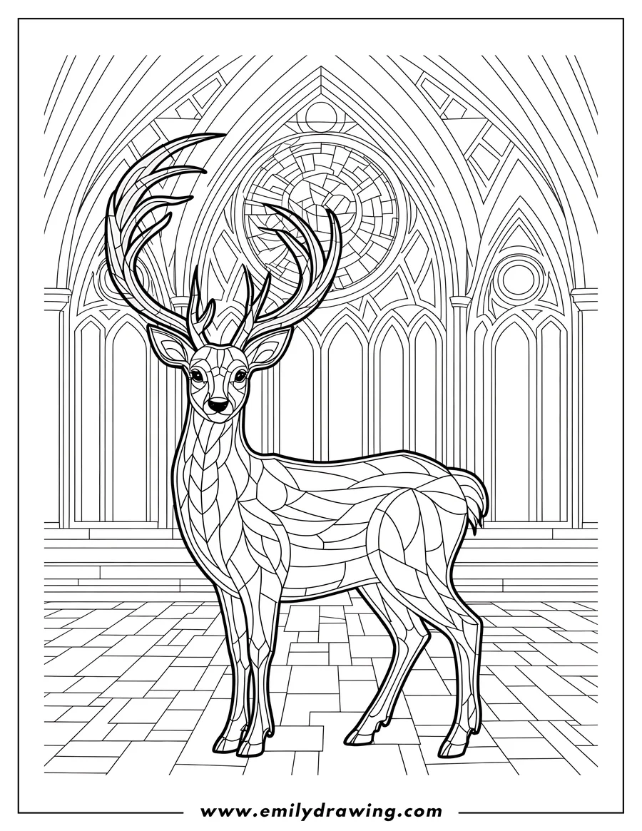 Line art of a deer standing in a cathedral, designed in a stained glass style.