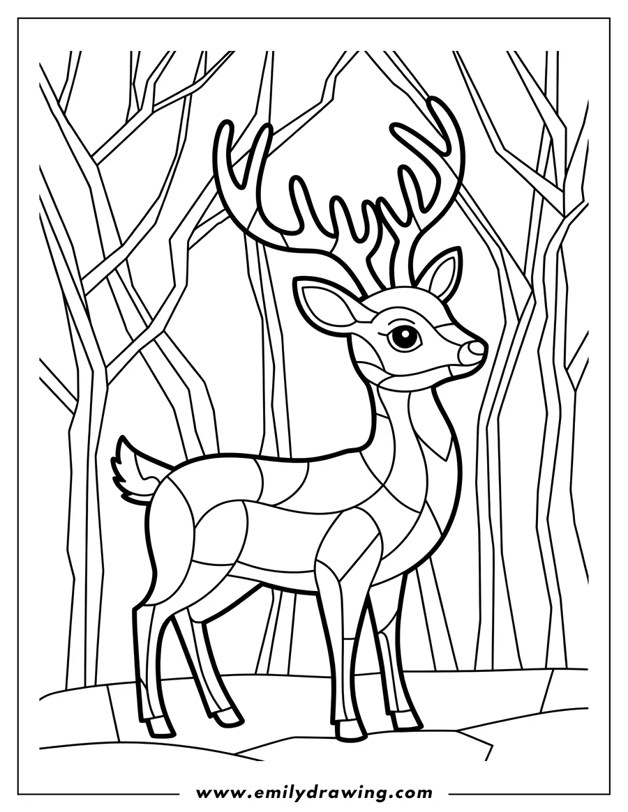 Line art of a deer standing in a forest, ready for coloring. The deer and background are designed in a stained-glass style with distinct sections.