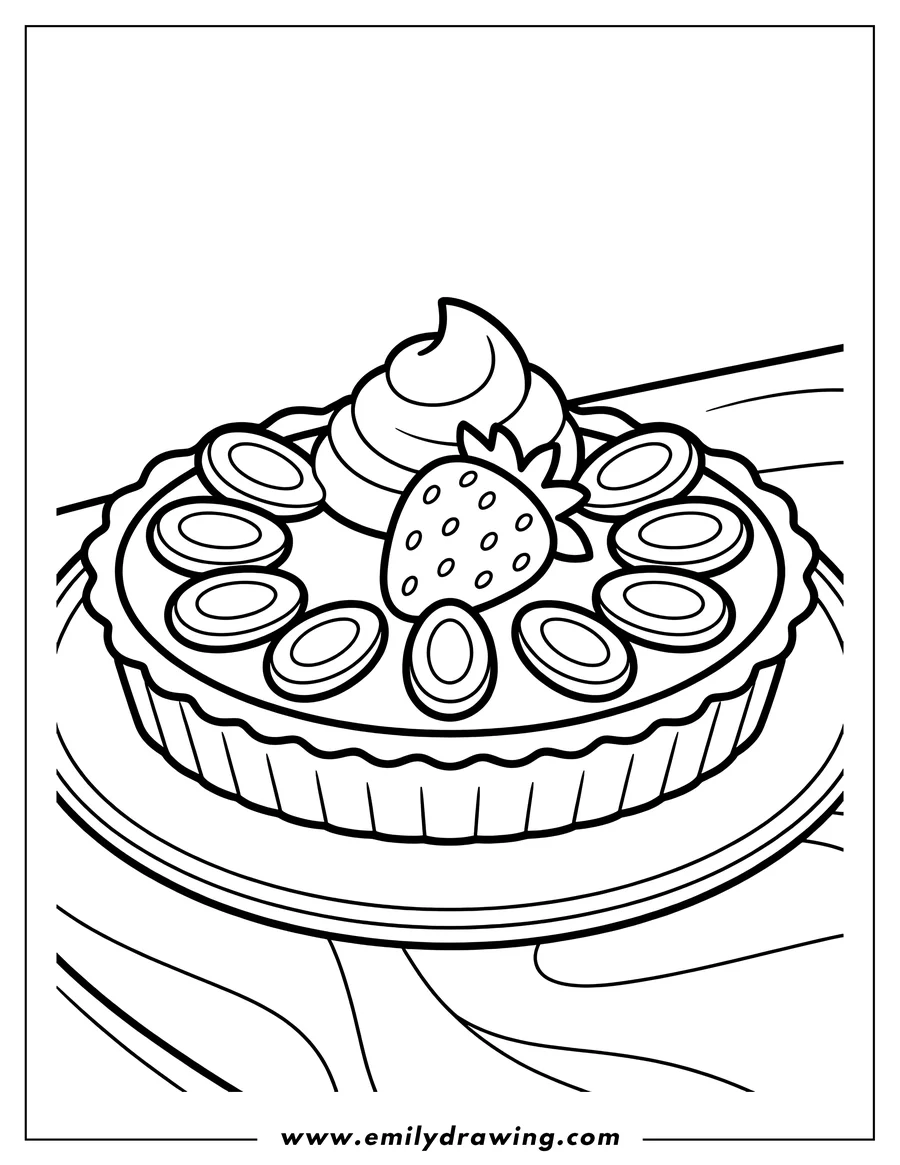 Line art of a dessert pie or tart on a plate, topped with a large swirl of whipped cream, a whole strawberry, and several slices of fruit arranged around the edge.