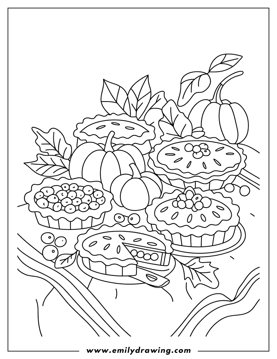 Line art showing a Thanksgiving or autumn still life featuring four whole pies (one sliced) and three small pumpkins, surrounded by decorative fall leaves and loose berries.