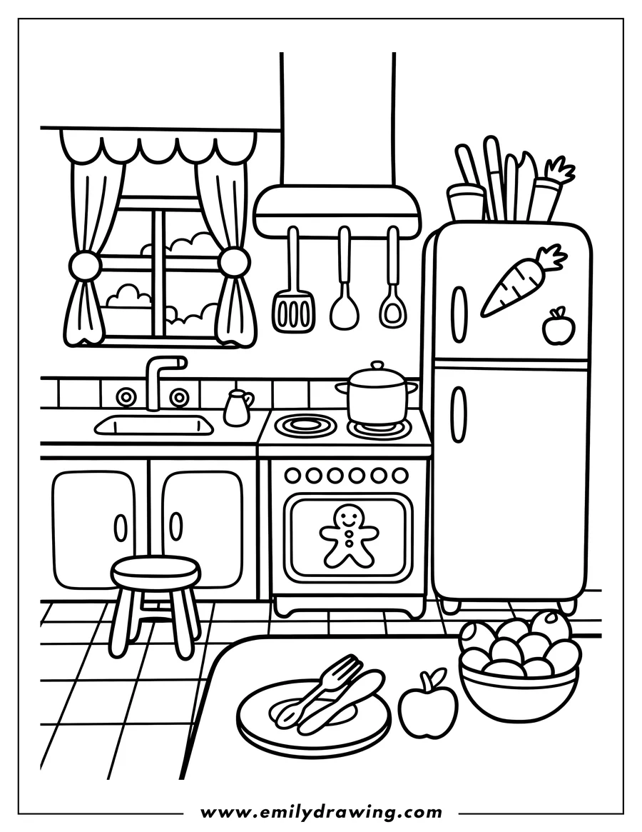 Outline of a detailed kitchen interior featuring a sink, stove, refrigerator, and hanging utensils. The oven door has a design of a cheerful gingerbread man, and there is a bowl of fruit and a place setting on the counter.