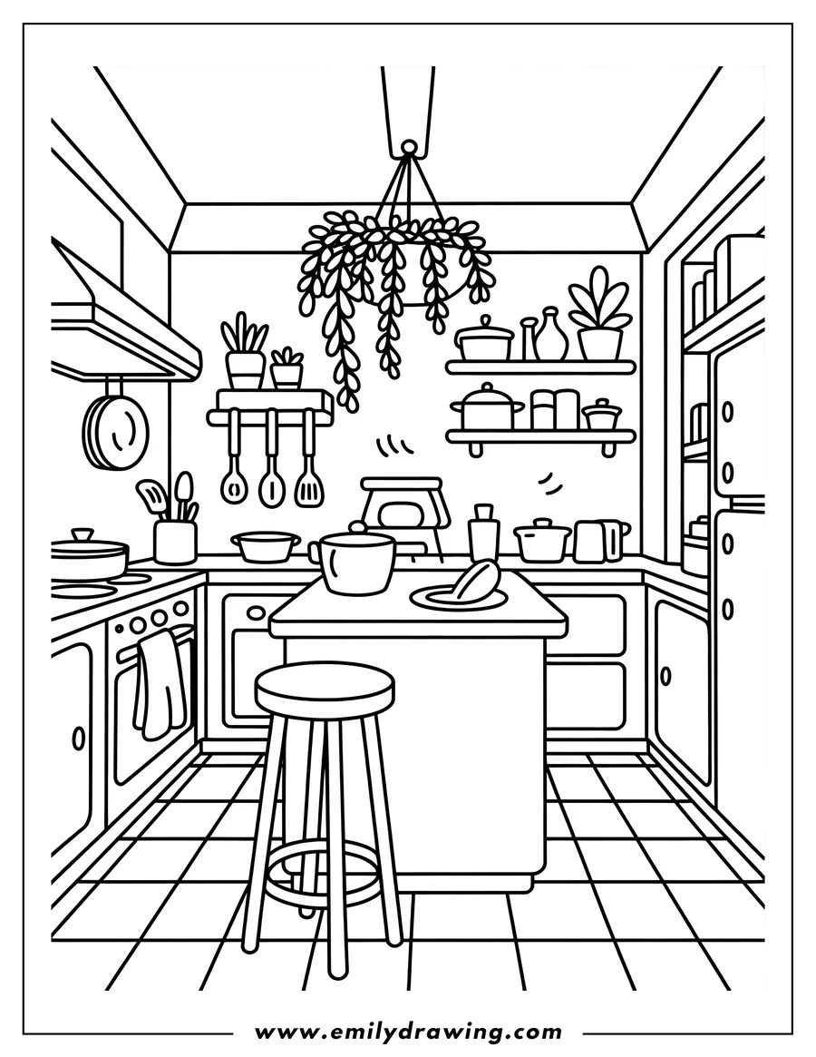 Detailed line art of a cozy kitchen interior featuring a central island, a high stool, shelves filled with cookware, potted plants, and a large, lush hanging plant above the counter.