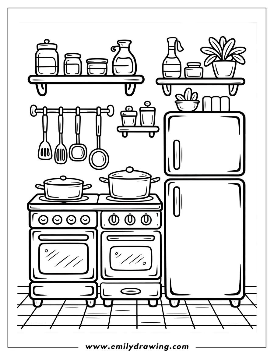 Outline of a detailed kitchen scene featuring two large stoves with cooking pots, a tall refrigerator, a rack with hanging cooking utensils, and wall shelves lined with jars, bottles, and potted plants.