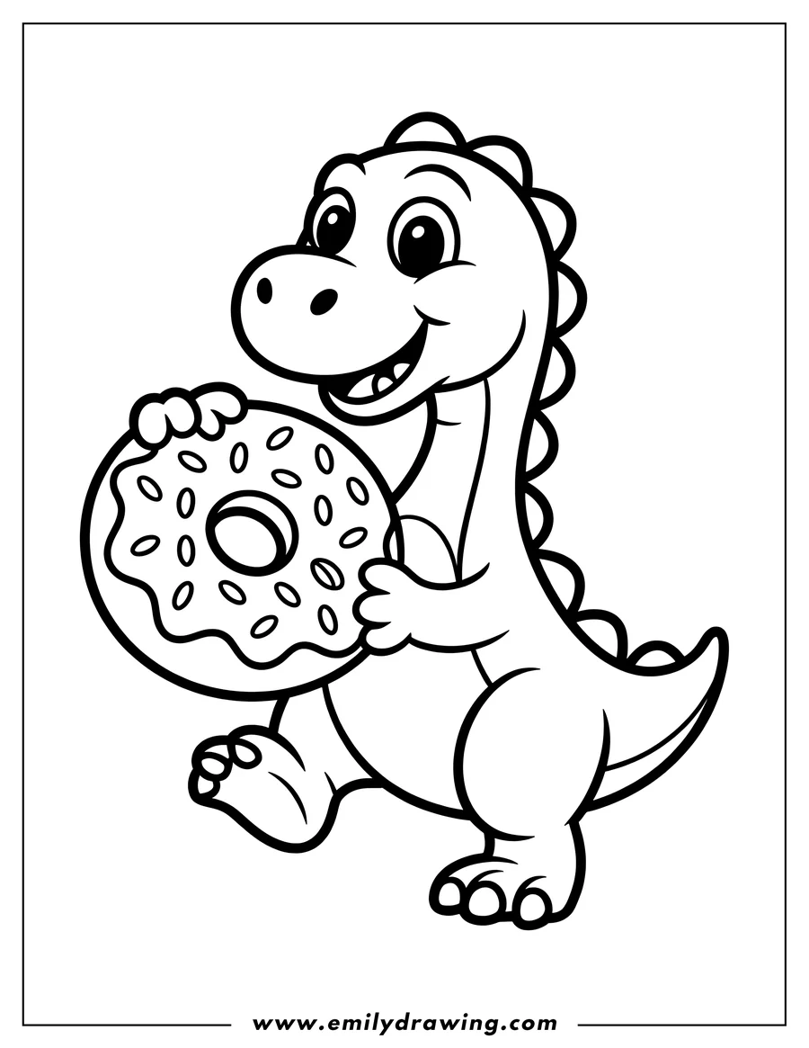Line art of a friendly dinosaur holding a large donut with sprinkles.