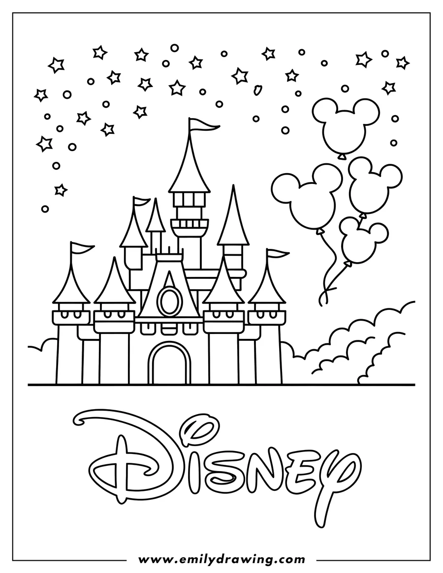 Line art of a magical Disney-style castle with multiple towers and flags, surrounded by stars and circles, with a cluster of Mickey Mouse head-shaped balloons floating on the right side. The 'Disney' logo is prominently featured below the castle.