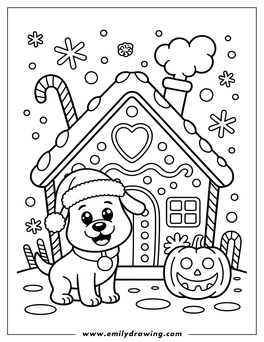 Line art of a dog wearing a Santa hat next to a gingerbread house and jack-o'-lantern.