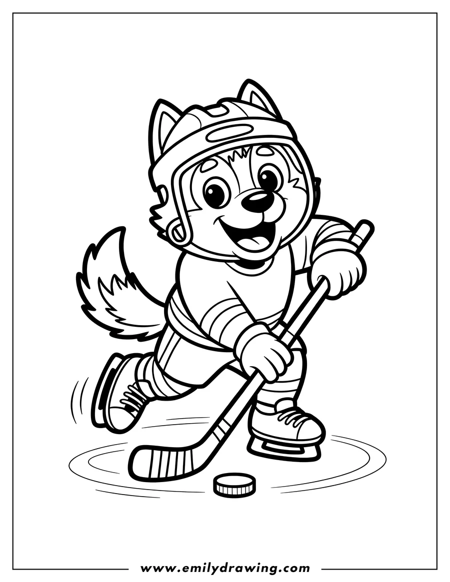 Line art of a dog wearing a hockey helmet, holding a hockey stick, and skating with a puck.