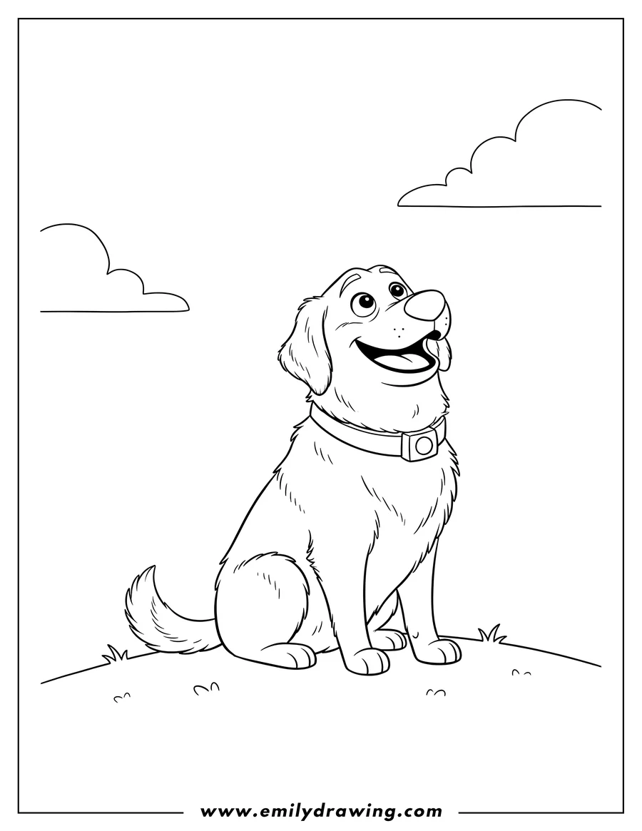 Line art of a happy dog with a collar, sitting on a grassy patch with clouds in the background.