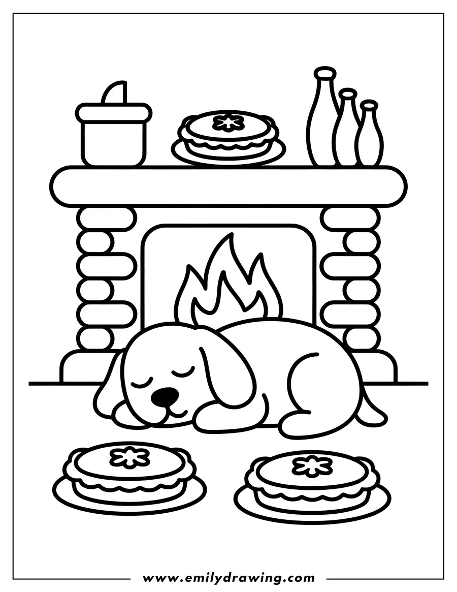Outline of a small dog sleeping curled up on the hearth in front of a roaring fireplace, with pies and bottles decorating the mantelpiece and floor.