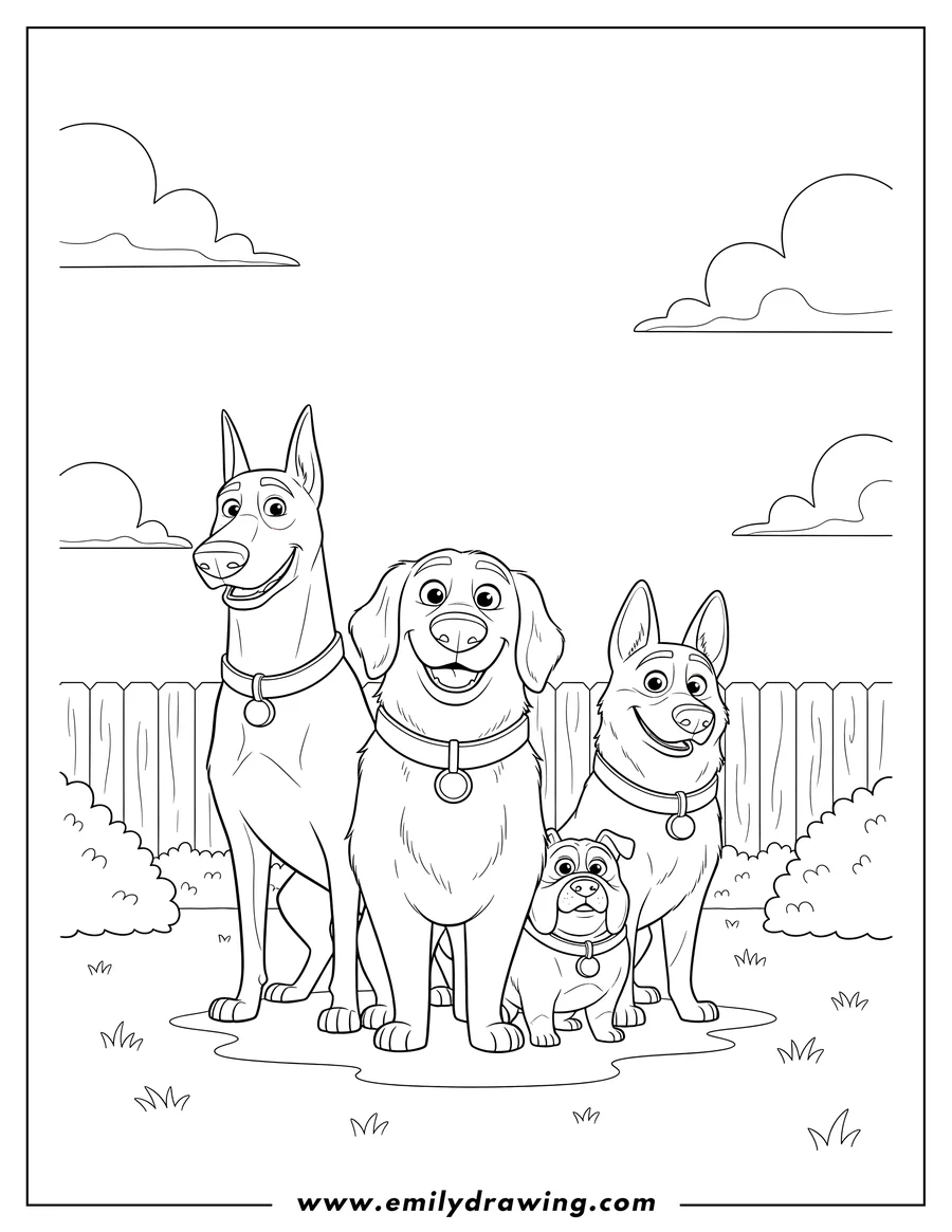 Outline of four happy dogs of different breeds standing together in a fenced yard with bushes and grass.