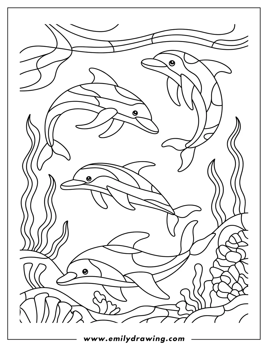 Outline of four dolphins swimming underwater among seaweed and coral.