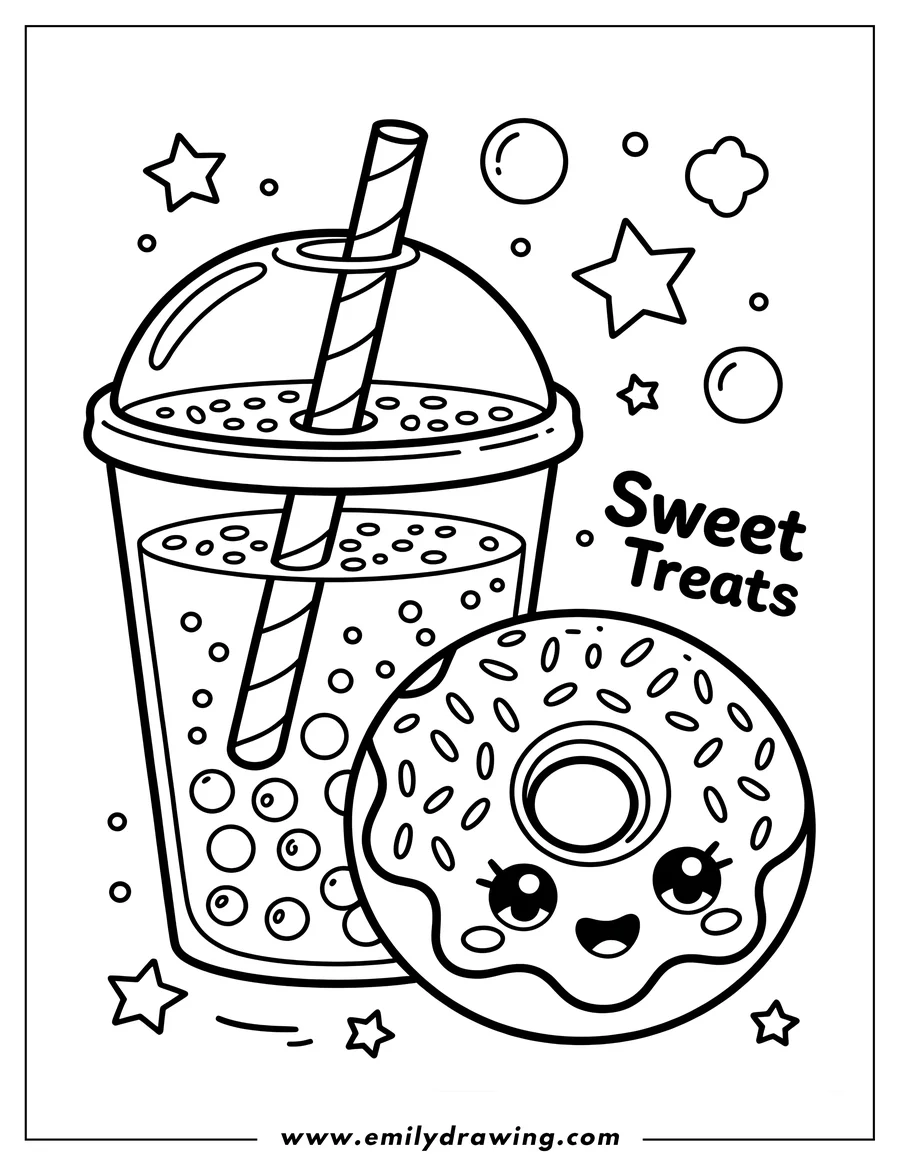 Line art of a kawaii donut and boba drink with a striped straw. Surrounded by cute stars and bubbles, ready to be colored.