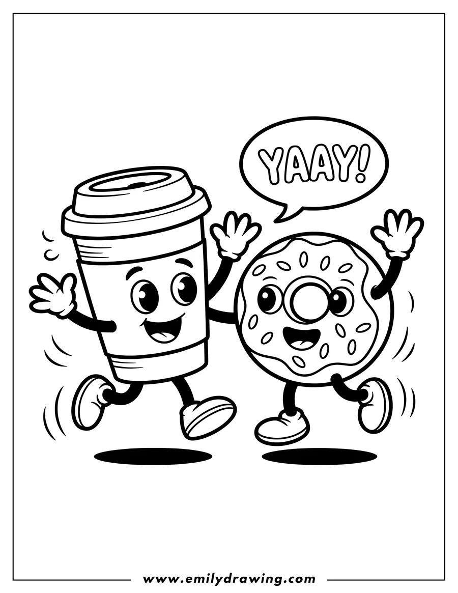 Outline of a happy donut and a coffee cup running and holding hands.