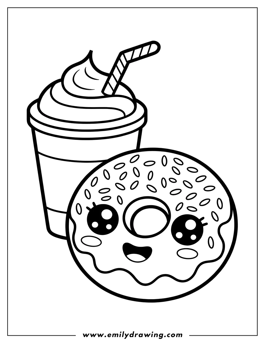 Outline of a smiling donut next to a milkshake with whipped cream and a straw.