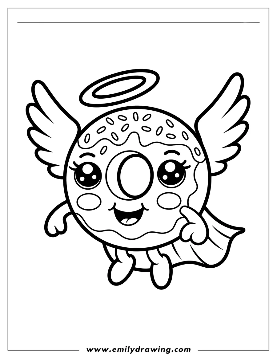 Outline of a cute, smiling donut with angel wings and a halo.