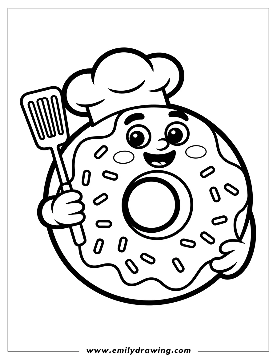 Line art of a donut wearing a chef's hat and holding a spatula.