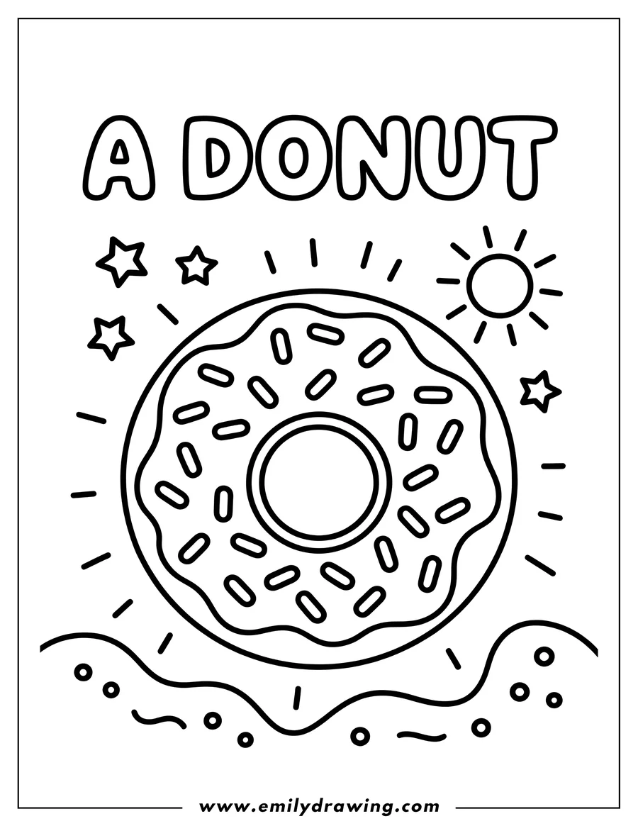 Outline of a donut with sprinkles. Stars and a sun shine above.