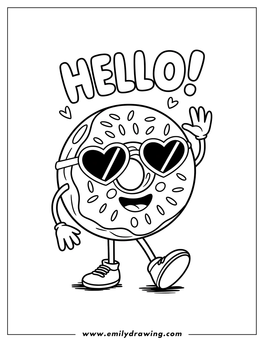 Line art of a friendly donut wearing heart-shaped sunglasses and waving. The donut is smiling and has sprinkles.