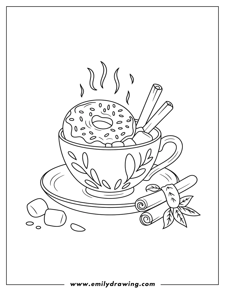 Line art of a donut in a teacup with marshmallows, cinnamon sticks, and steam rising from the cup.