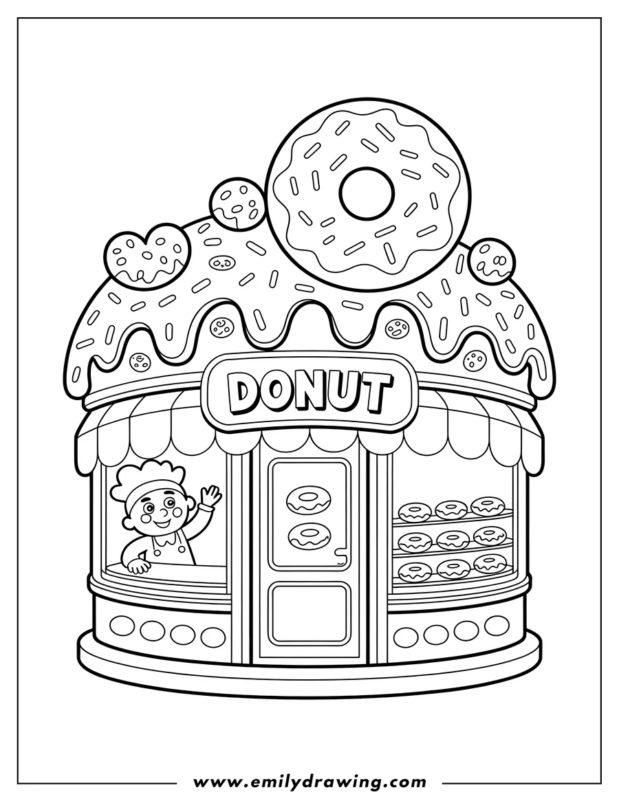 Line art of a donut shop with a baker and donuts on display. The shop's roof is decorated with a large donut and cookies.