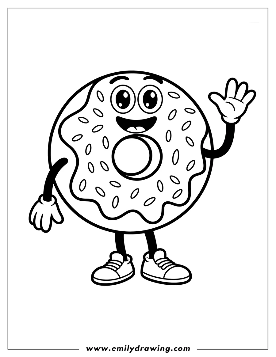 Line art of a friendly donut waving, wearing sneakers.
