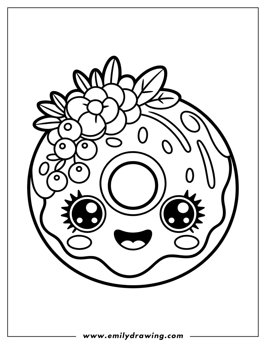 Outline of a smiling donut topped with berries, flowers, and leaves.
