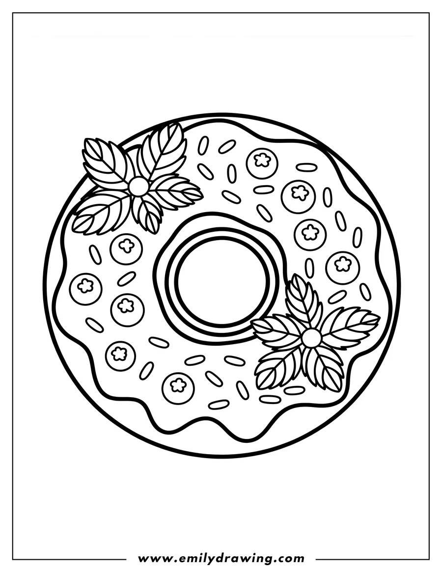 Outline of a donut topped with berries, mint leaves, and sprinkles.