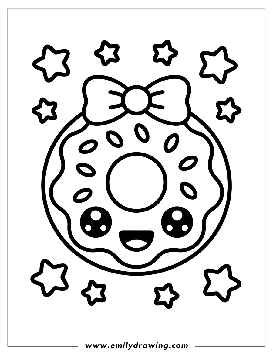 Line art of a kawaii-style donut with a bow and surrounded by stars.